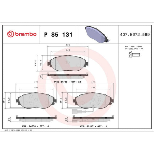 Brembo 4 x Front Brake Pad Set P85131