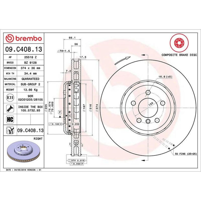 Brembo 2 x Aluminium Front Brake Disc Hub Brake Discs 09.C407.13