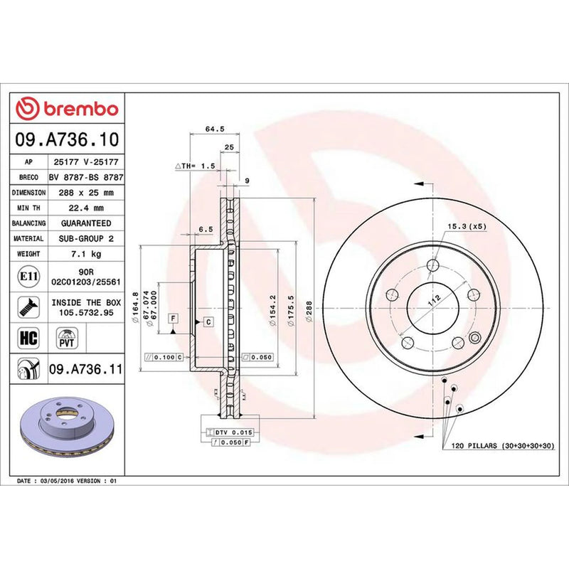 Brembo 2 x Internally Vented Front Brake Discs 09.A736.11