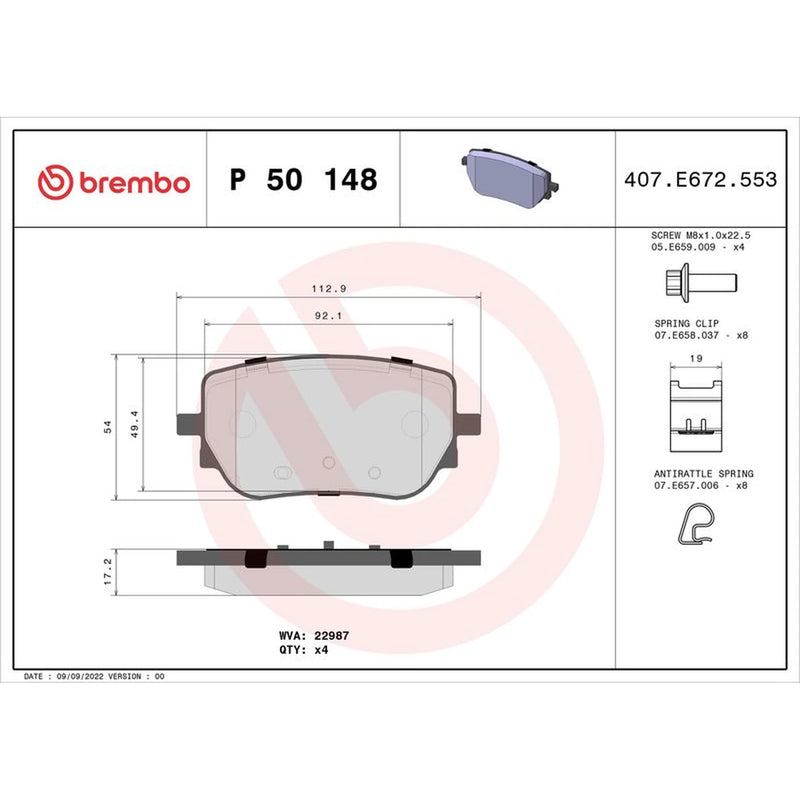 Brembo 4 x Rear Brake Pad Set P50148