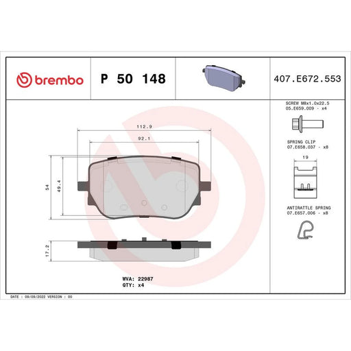Brembo 4 x Rear Brake Pad Set P50148