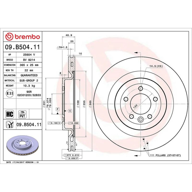 Brembo 2 x Rear Brake Discs 09.B504.11