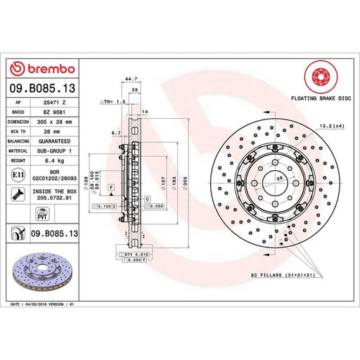 Brembo 2 x Aluminium Front Brake Disc Hub Brake Discs 09.B085.13