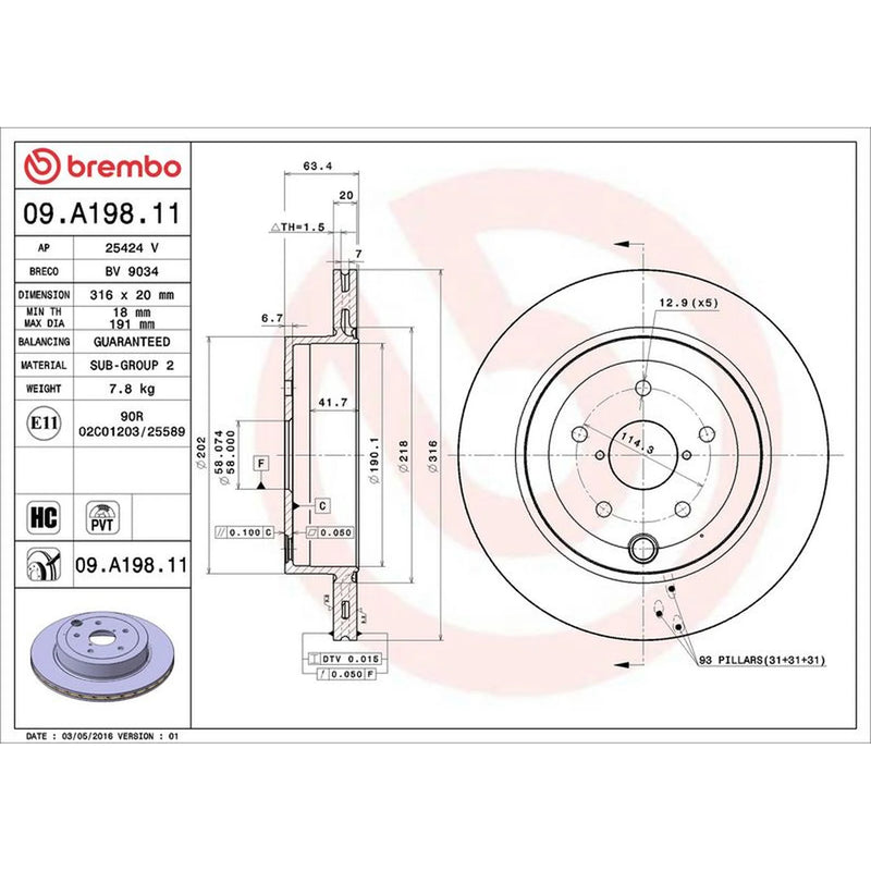 Brembo 2 x Internally Vented Rear Brake Discs 09.A198.11