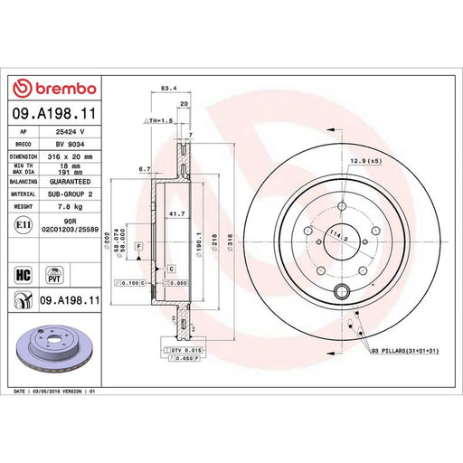 Brembo 2 x Internally Vented Rear Brake Discs 09.A198.11