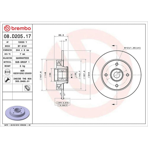 Brembo 2 x Solid Rear Brake Discs 08.D205.17