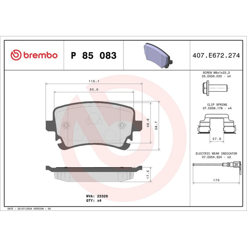 Brembo 4 x Rear Brake Pad Set P85083