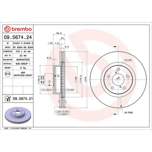Brembo 2 x Internally Vented Front Brake Discs 09.5674.21