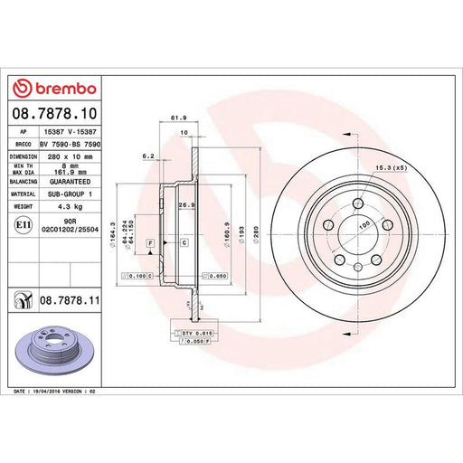 Brembo 2 x Solid Rear Brake Discs 08.7878.11
