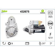 Valeo Starter Motor 12V 1.3kW 9 Teeth 432675