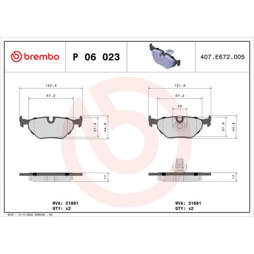 Brembo 4 x Rear Brake Pad Set P06023