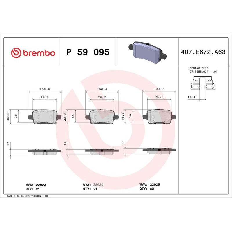 Brembo 4 x Rear Brake Pad Set P59095