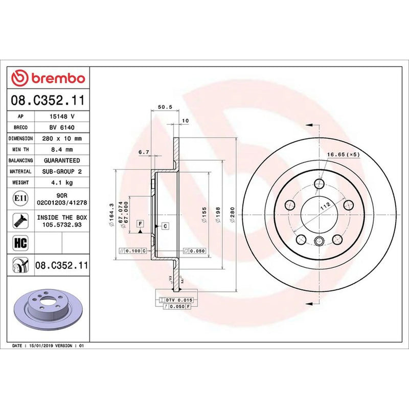 Brembo 2 x Solid Rear Brake Discs 08.C352.11