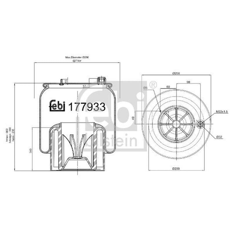 Febi Air Suspension Bellow 258mm Rear 177933