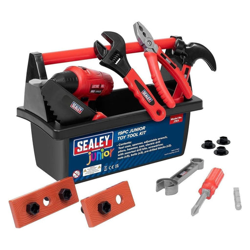 Sealey JTK 19 Piece Childrens Kids DIY Toy Hand Tool & Drill Kit With Tool Box Sealey  - Town Parts