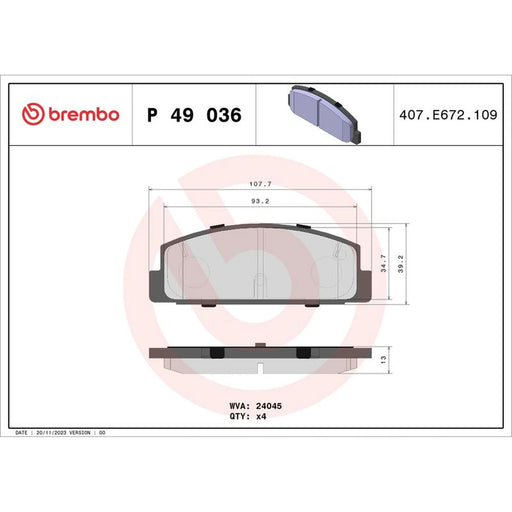 Brembo 4 x Rear Brake Pad Set P49036