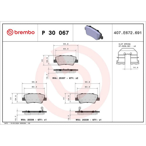Brembo 4 x Rear Brake Pad Set P30067