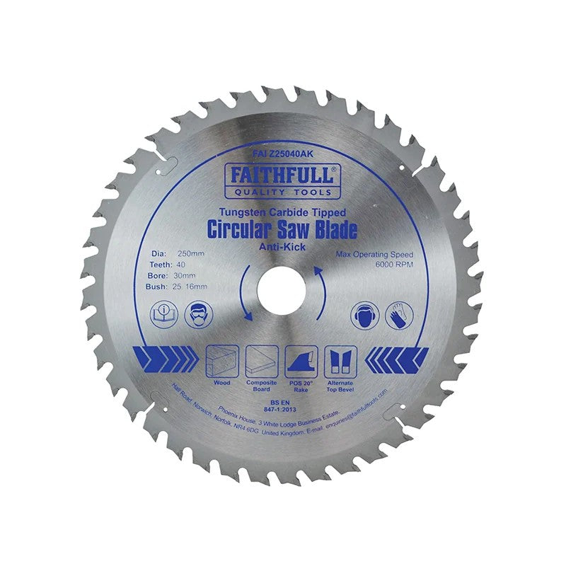 Faithfull Circular Saw Blade Anti Kick 250 x 30mm x 40T - FAIZ25040AK