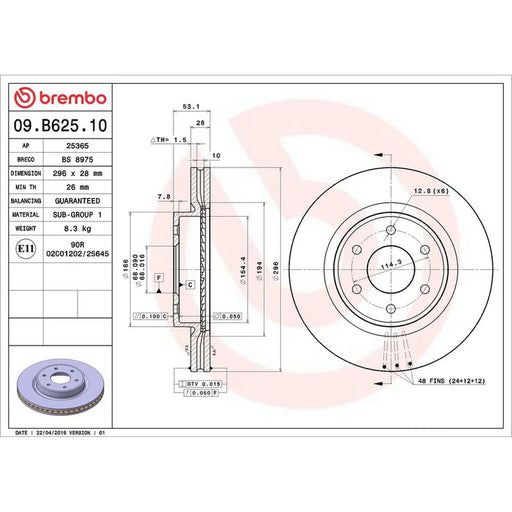 Brembo 2 x Internally Vented Front Brake Discs 09.B625.10