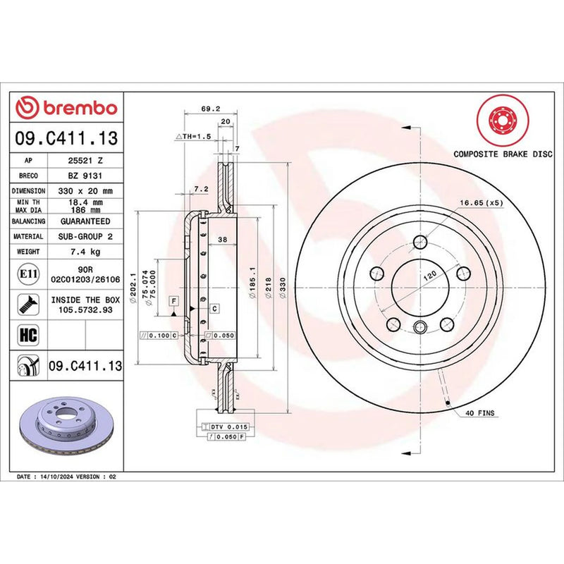 Brembo 2 x Aluminium Rear Brake Disc Hub Brake Discs 09.C411.13
