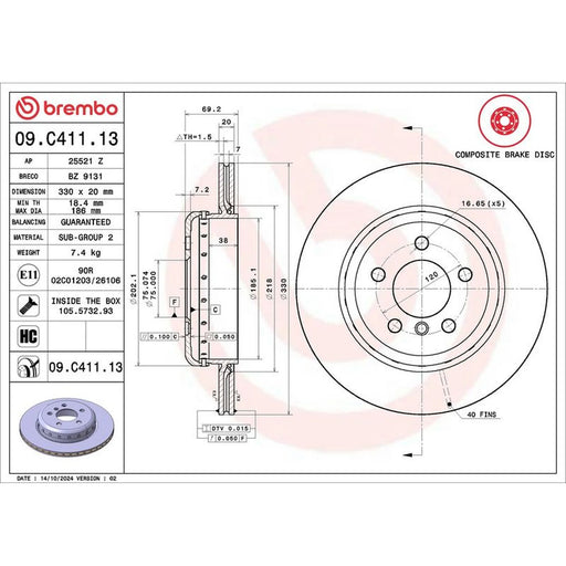 Brembo 2 x Aluminium Rear Brake Disc Hub Brake Discs 09.C411.13