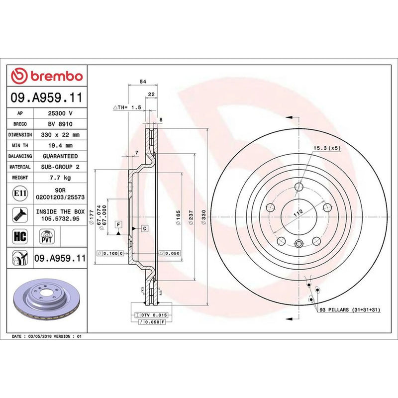 Brembo 2 x Internally Vented Rear Brake Discs 09.A959.11