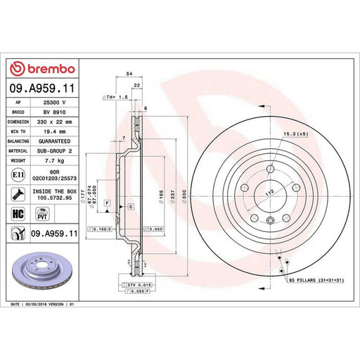 Brembo 2 x Internally Vented Rear Brake Discs 09.A959.11