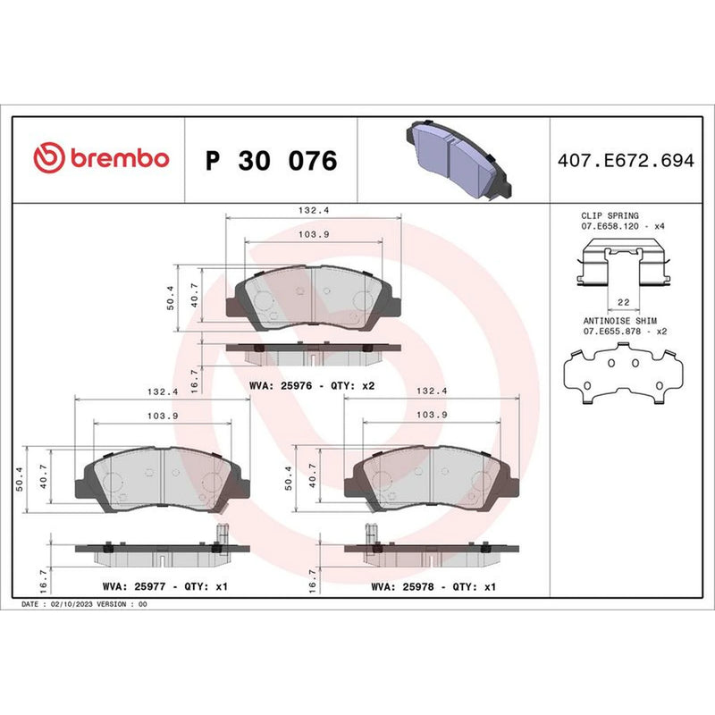 Brembo 4 x Front Brake Pad Set P30076