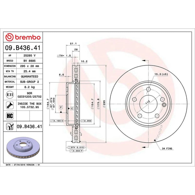 Brembo 2 x Internally Vented Front Brake Discs 09.B436.41