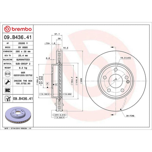 Brembo 2 x Internally Vented Front Brake Discs 09.B436.41