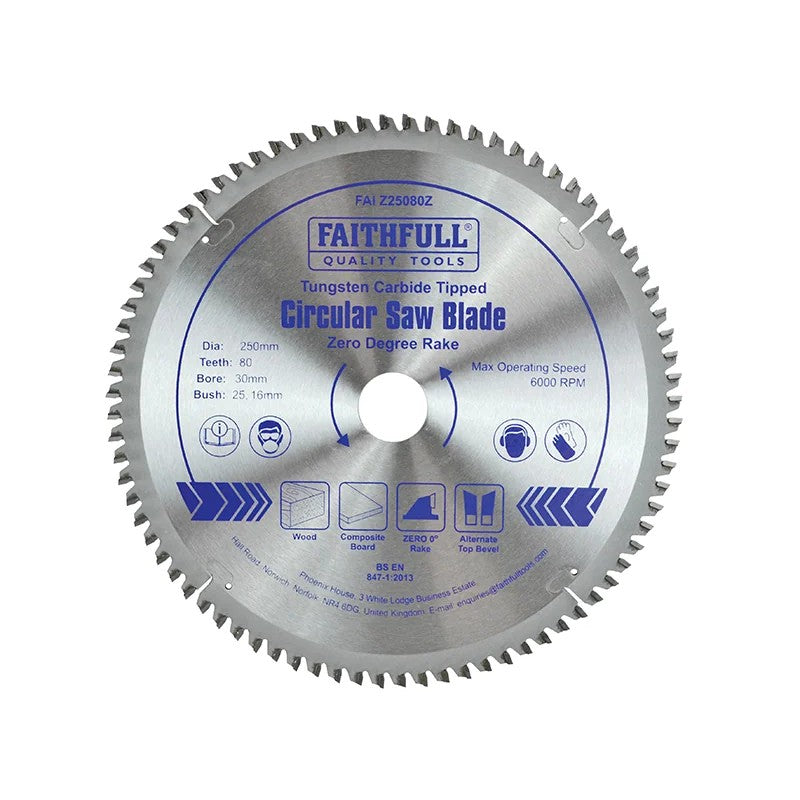 Faithfull TCT Circular Saw Blade Zero Degree 250 x 30mm x 80T - FAIZ25080Z