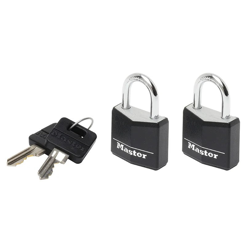 Master Lock Aluminium Black Vinyl Cover 20mm Padlock 3-Pin - Keyed Alike x 2