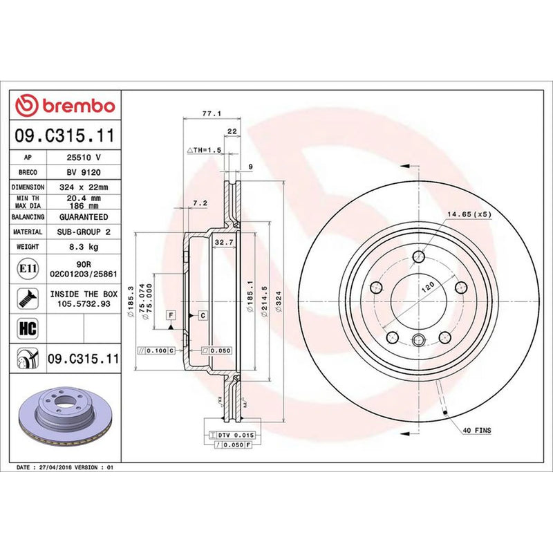 Brembo 2 x Internally Vented Rear Brake Discs 09.C315.11