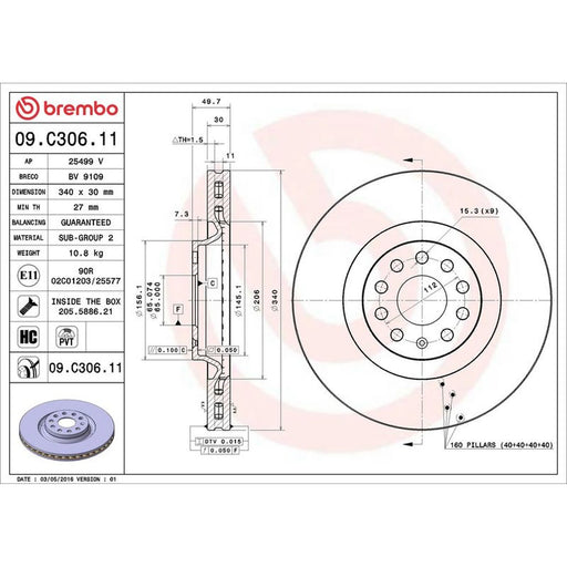 Brembo 2 x Internally Vented Front Brake Discs 09.C306.11