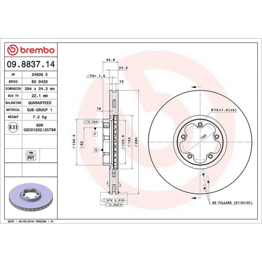Brembo 2 x Internally Vented Front Brake Discs 09.8837.14