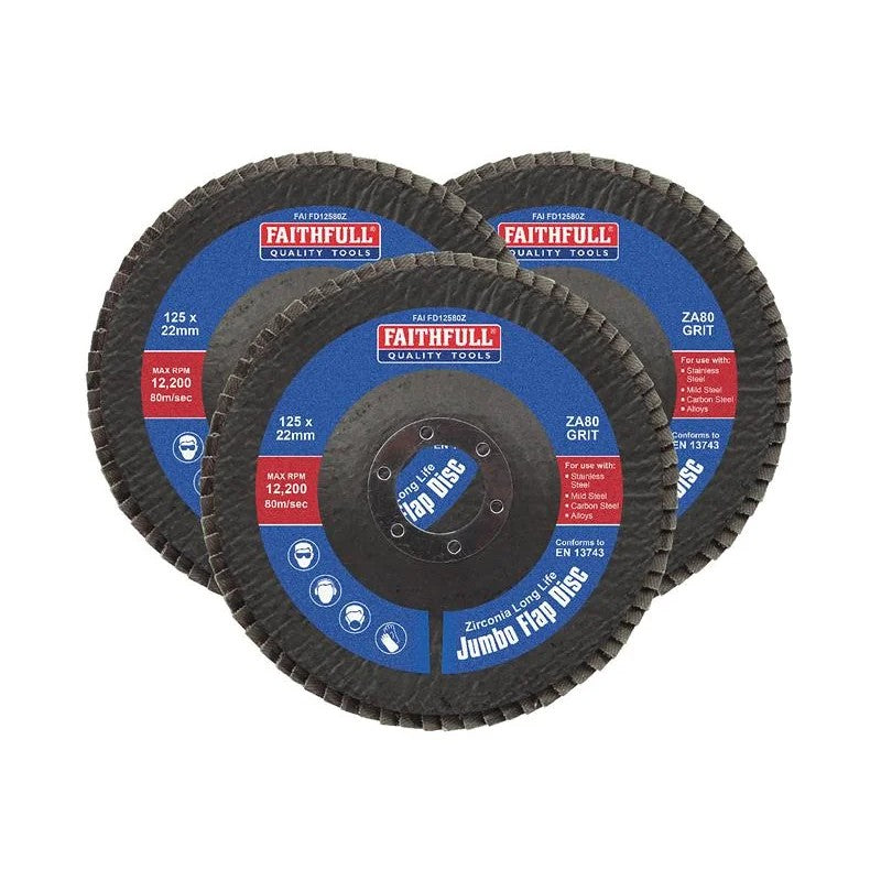Faithfull Zirconia Abrasive Jumbo Flap Disc 125 x 22mm 80 Grit (3 Pack)