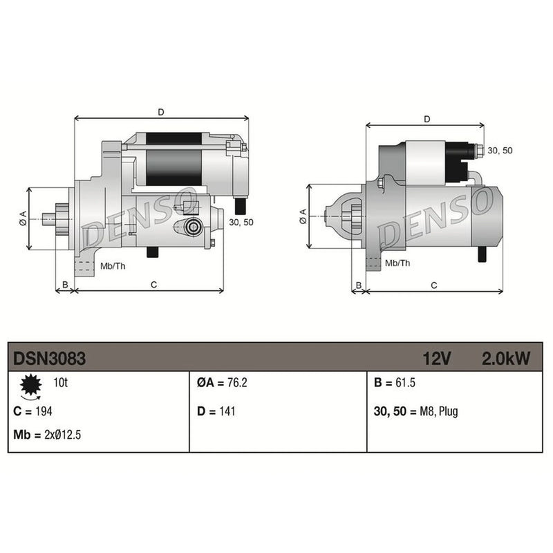 Denso Starter Motor 12V 2kW 10 Teeth DSN3083