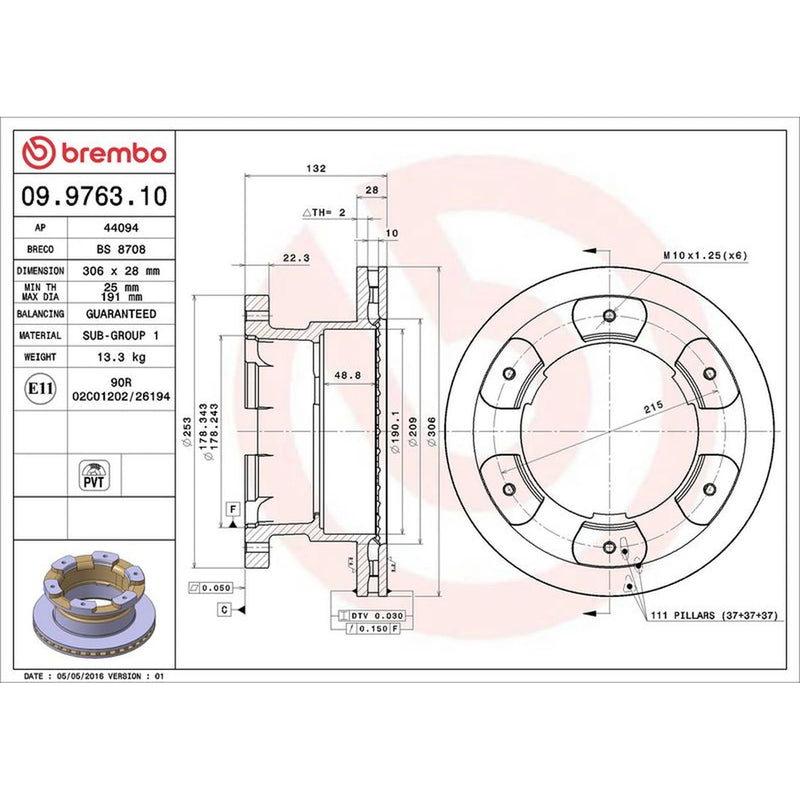 Brembo 2 x Internally Vented Rear Brake Discs 09.9763.10