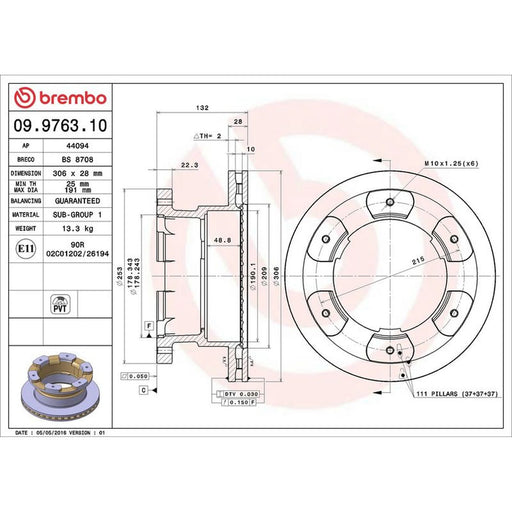 Brembo 2 x Internally Vented Rear Brake Discs 09.9763.10