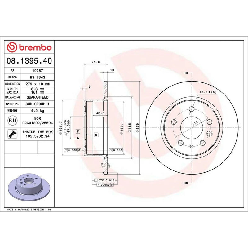 Brembo 2 x Solid Rear Brake Discs 08.1395.40