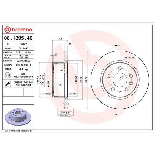 Brembo 2 x Solid Rear Brake Discs 08.1395.40