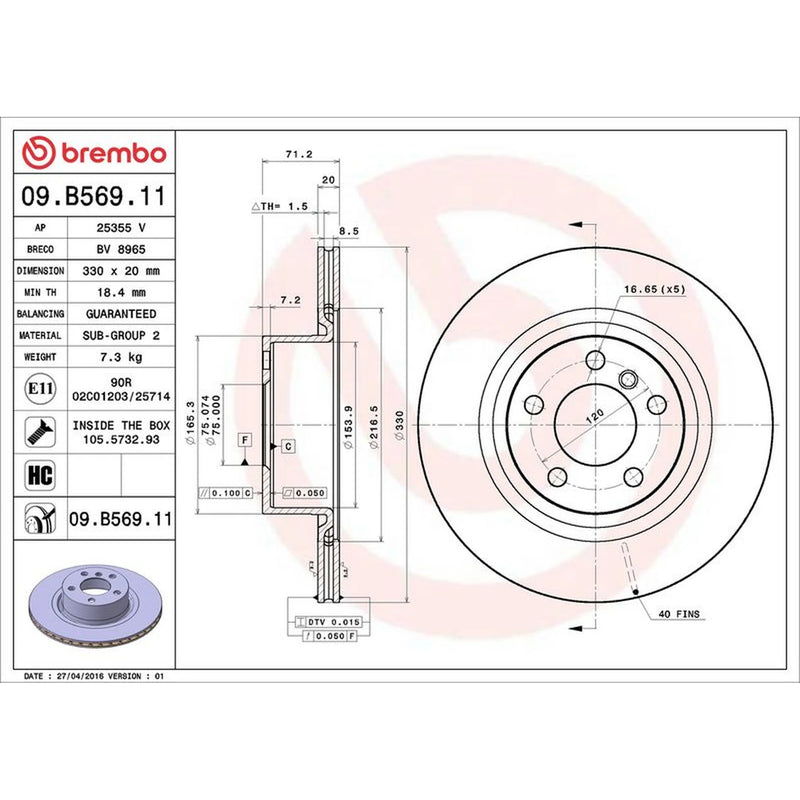 Brembo 2 x Internally Vented Rear Brake Discs 09.B569.11