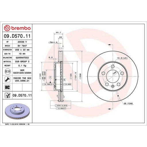 Brembo 2 x Internally Vented Front Brake Discs 09.D570.11