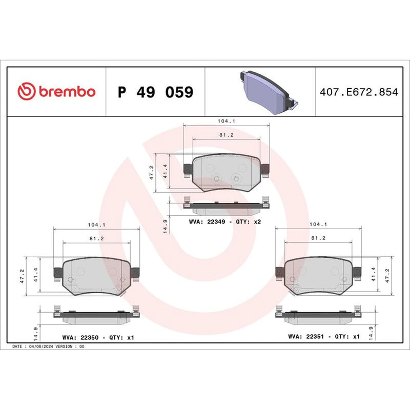 Brembo 4 x Rear Brake Pad Set P49059