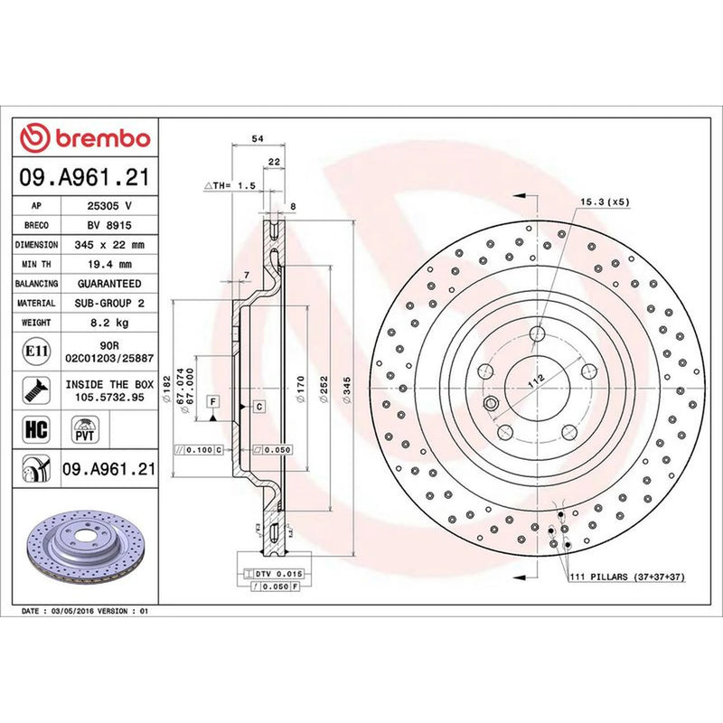 Brembo 2 x Perforated/Vented Rear Brake Discs 09.A961.21
