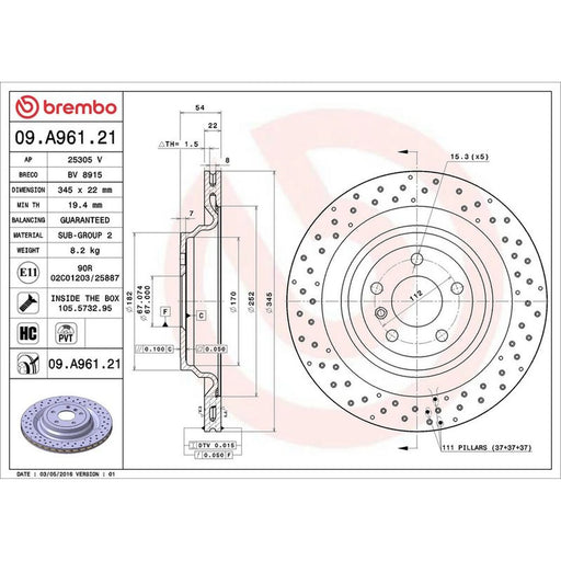 Brembo 2 x Perforated/Vented Rear Brake Discs 09.A961.21