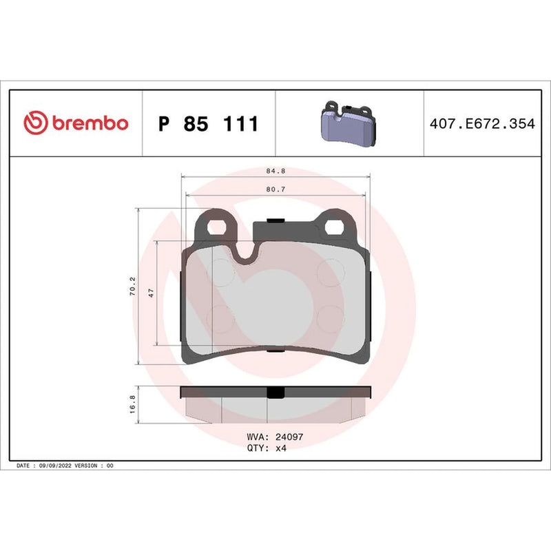 Brembo 4 x Rear Brake Pad Set P85111