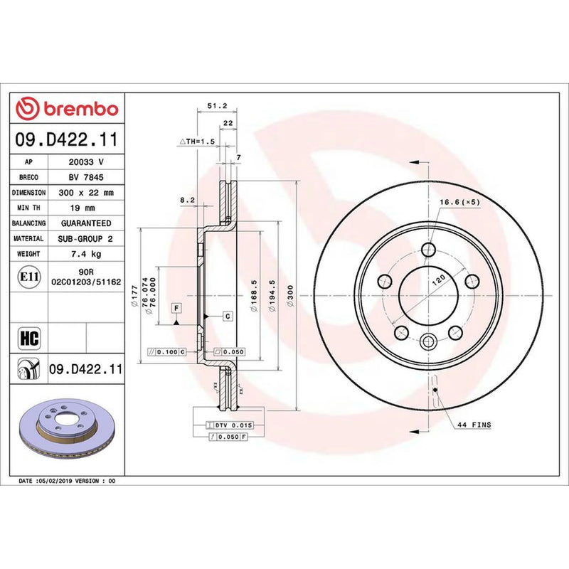 Brembo 2 x Internally Vented Rear Brake Discs 09.D422.11