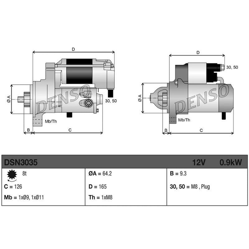 Denso Starter Motor 12V 0.9kW 8 Teeth DSN3035