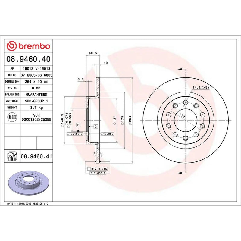 Brembo 2 x Solid Rear Brake Discs 08.9460.41